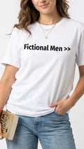 Women's t-shirt with FICTIONAL MEN greater than symbol printed on the front