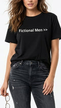 Black women's t-shirt with FICTIONAL MEN greater than symbol printed on the front