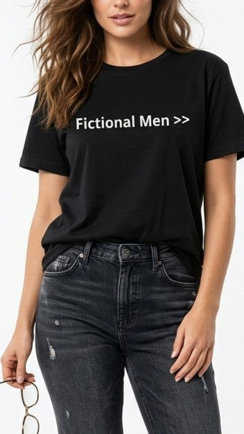 Black women's t-shirt with FICTIONAL MEN greater than symbol printed on the front
