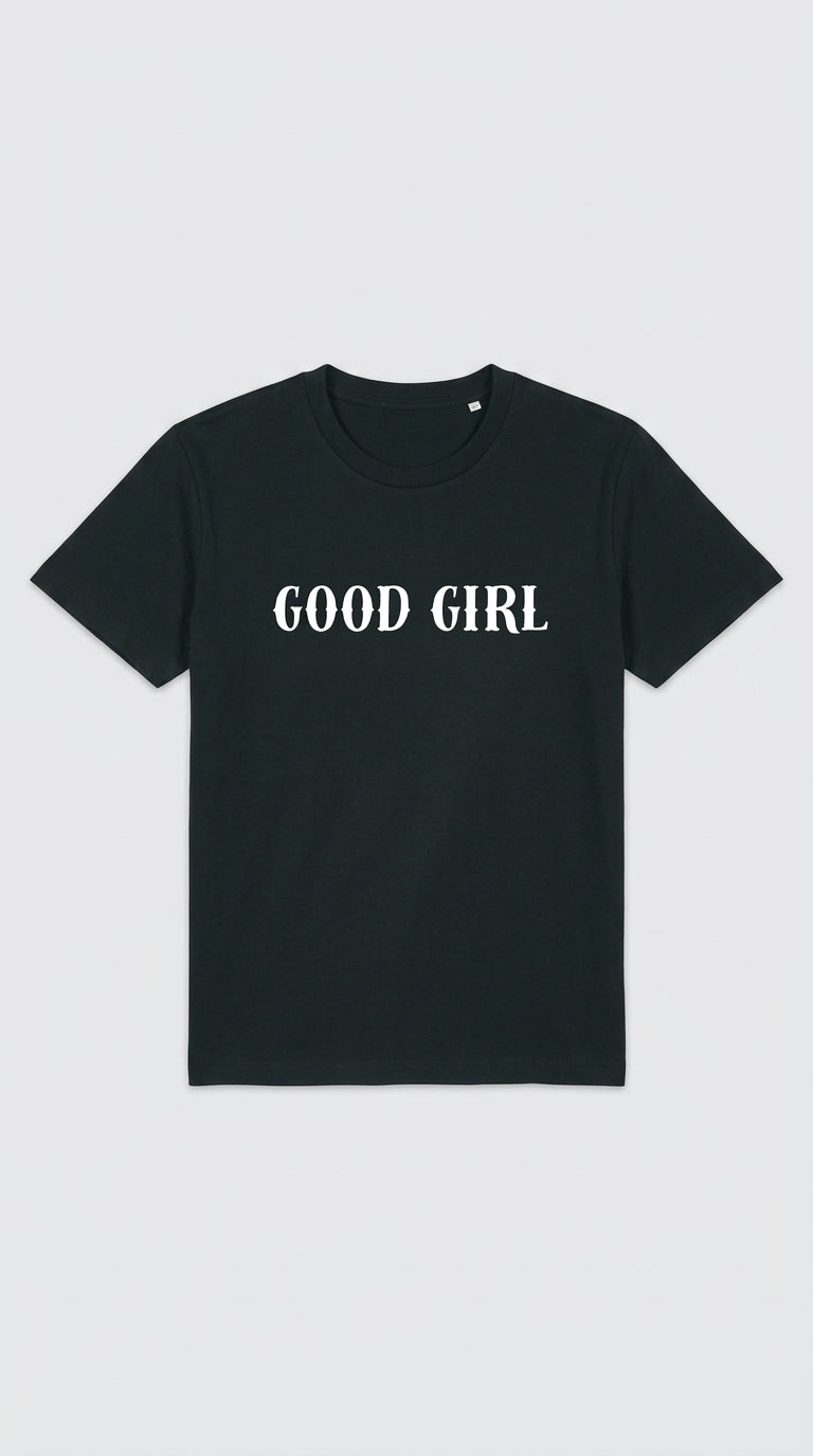Black women's t-shirt with GOOD GIRL text printed on the front