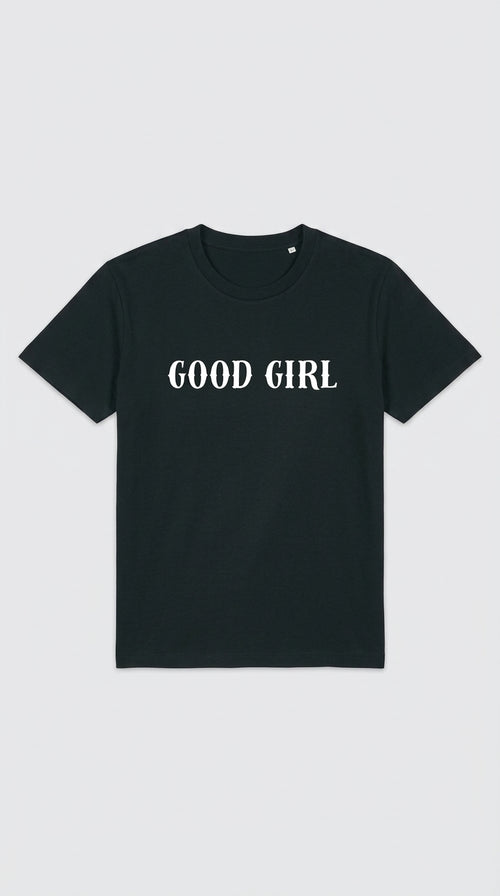 Black women's t-shirt with GOOD GIRL text printed on the front