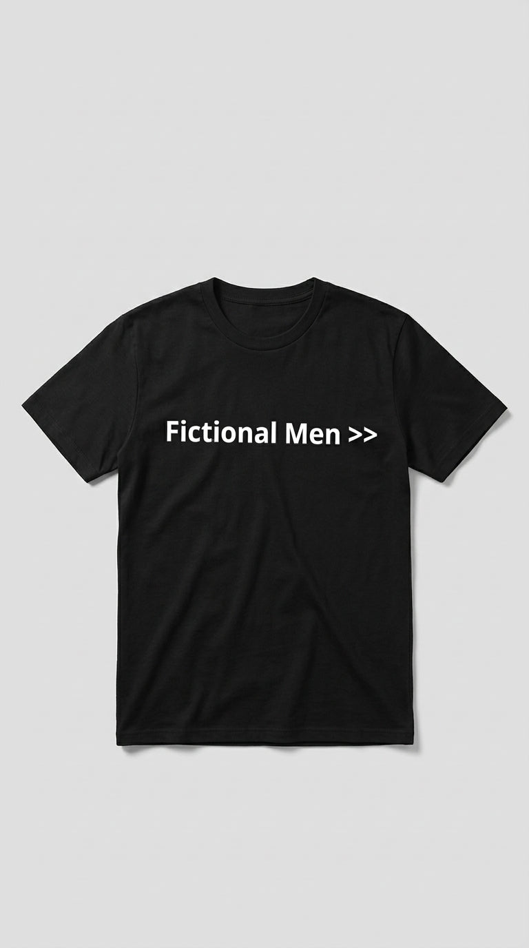 Black women's t-shirt with FICTIONAL MEN greater than symbol printed on the front