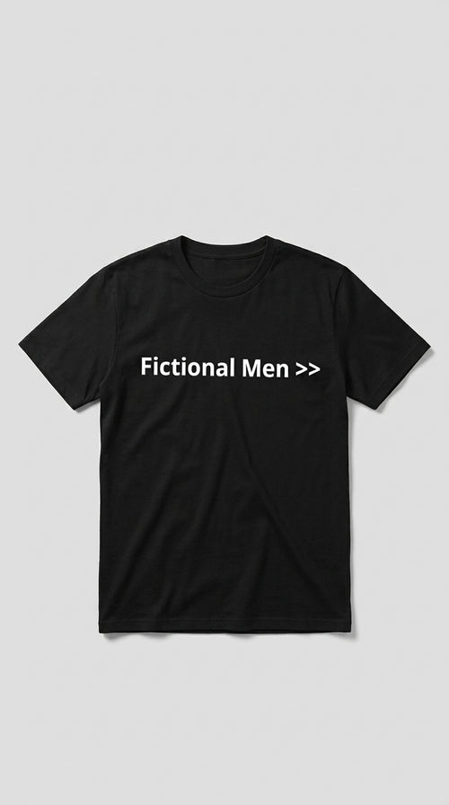 Black women's t-shirt with FICTIONAL MEN greater than symbol printed on the front