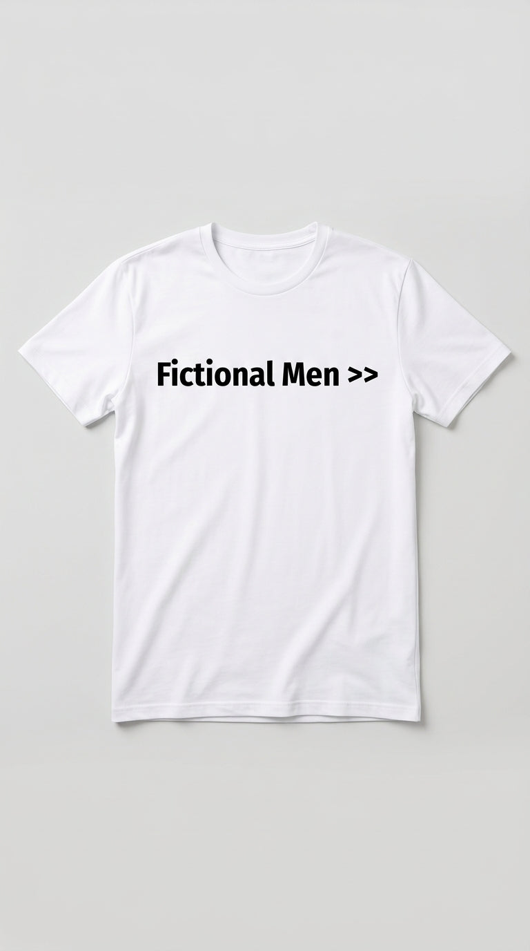 Women's t-shirt with FICTIONAL MEN greater than symbol printed on the front